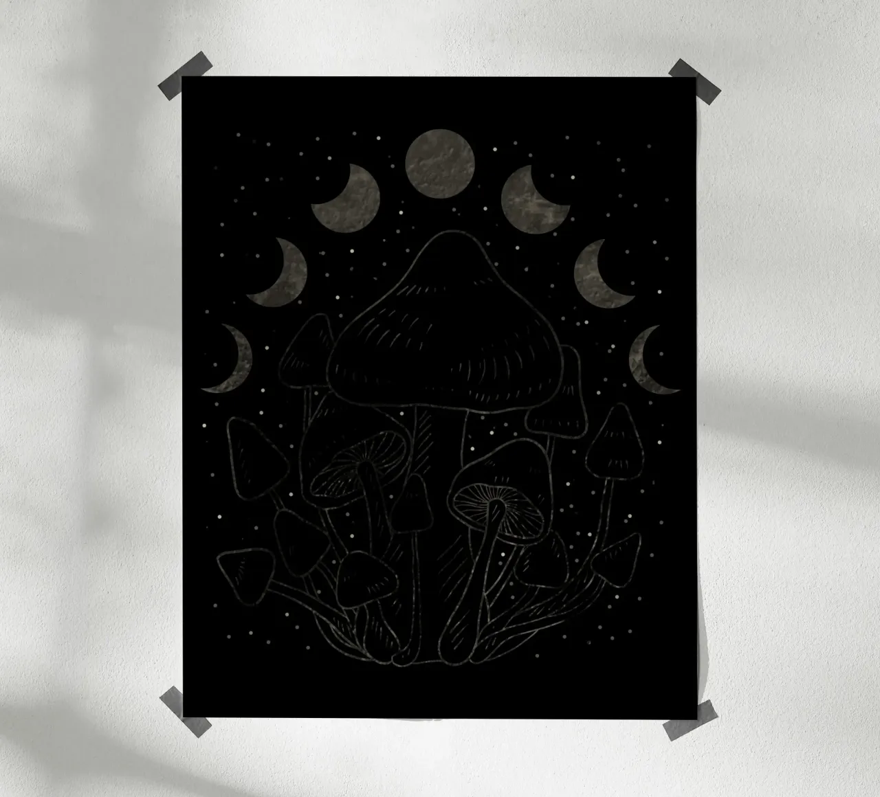 The Moon phases and mushrooms poster con telaio in legno da TijanaArtStudio88