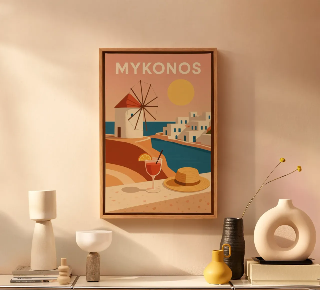 Mykonos, zonsondergang over de witte daken canvas met Baklijst van JETLAG | affiches voyage