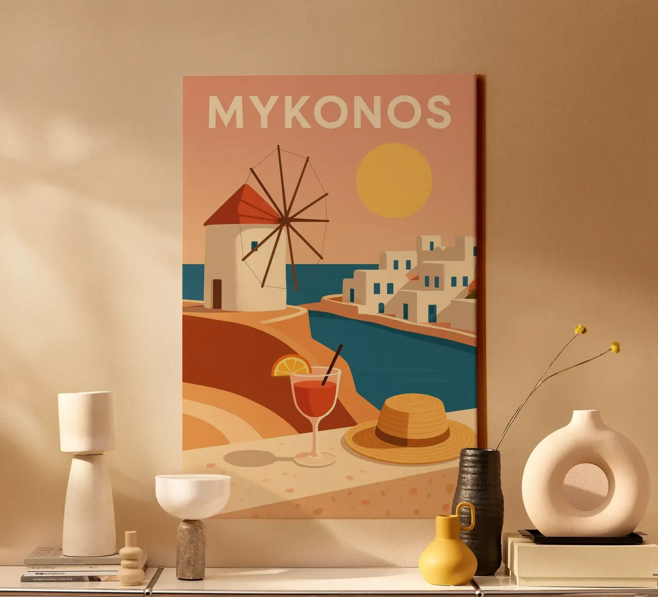 Mykonos, zonsondergang over de witte daken canvas met Baklijst van JETLAG | affiches voyage