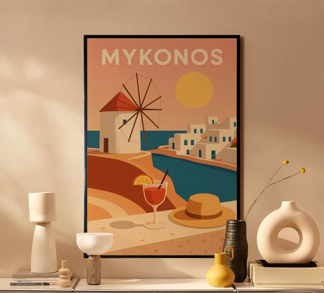 Mykonos, il tramonto sui tetti bianchi poster con telaio in alluminio da JETLAG | affiches voyage