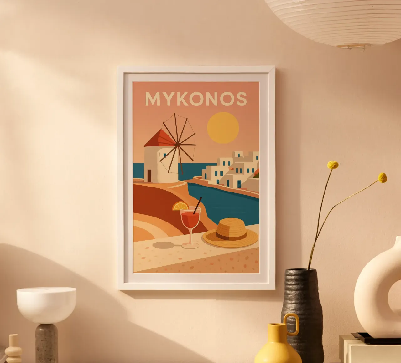 Mykonos, il tramonto sui tetti bianchi poster con telaio in alluminio da JETLAG | affiches voyage
