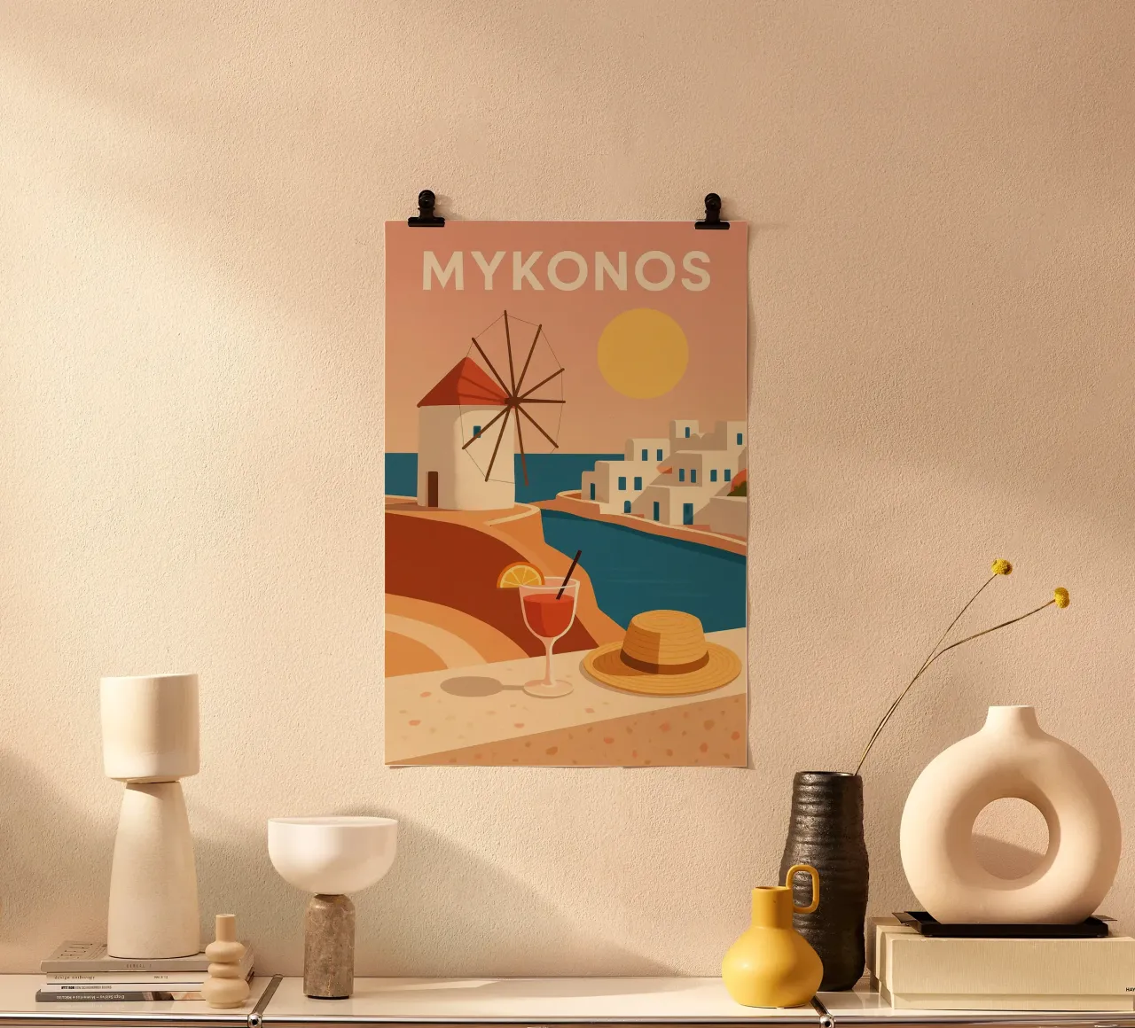 Mykonos, il tramonto sui tetti bianchi poster con telaio in alluminio da JETLAG | affiches voyage