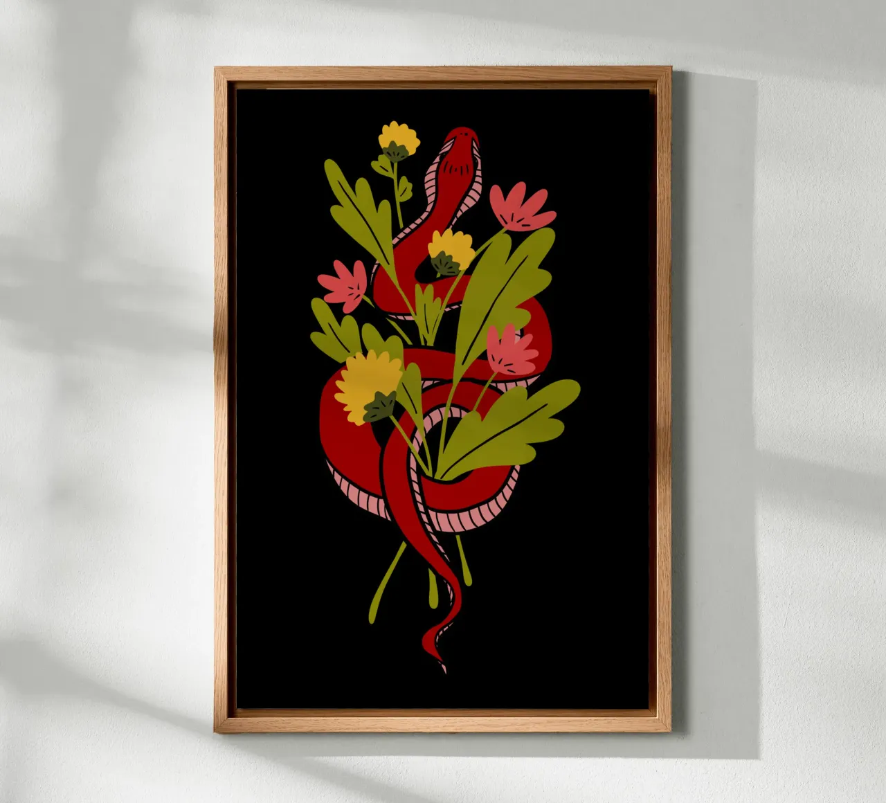 Red snake in flowers tela con Cornice a cassetta da TijanaArtStudio88