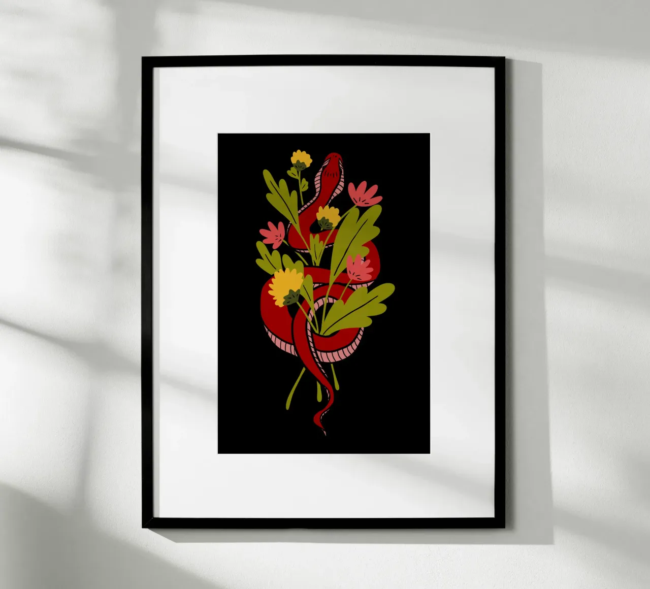 Red snake in flowers poster con telaio in alluminio da TijanaArtStudio88