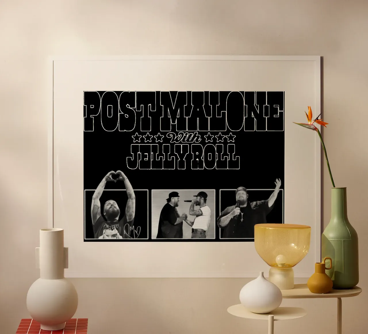 Maglietta essenziale Post Malone & Jelly Roll poster con telaio in legno da igoshdesigns