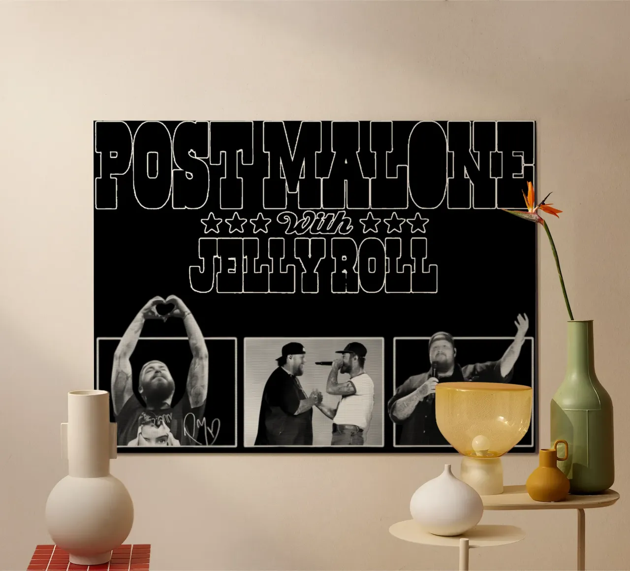 Maglietta essenziale Post Malone & Jelly Roll poster con telaio in legno da igoshdesigns