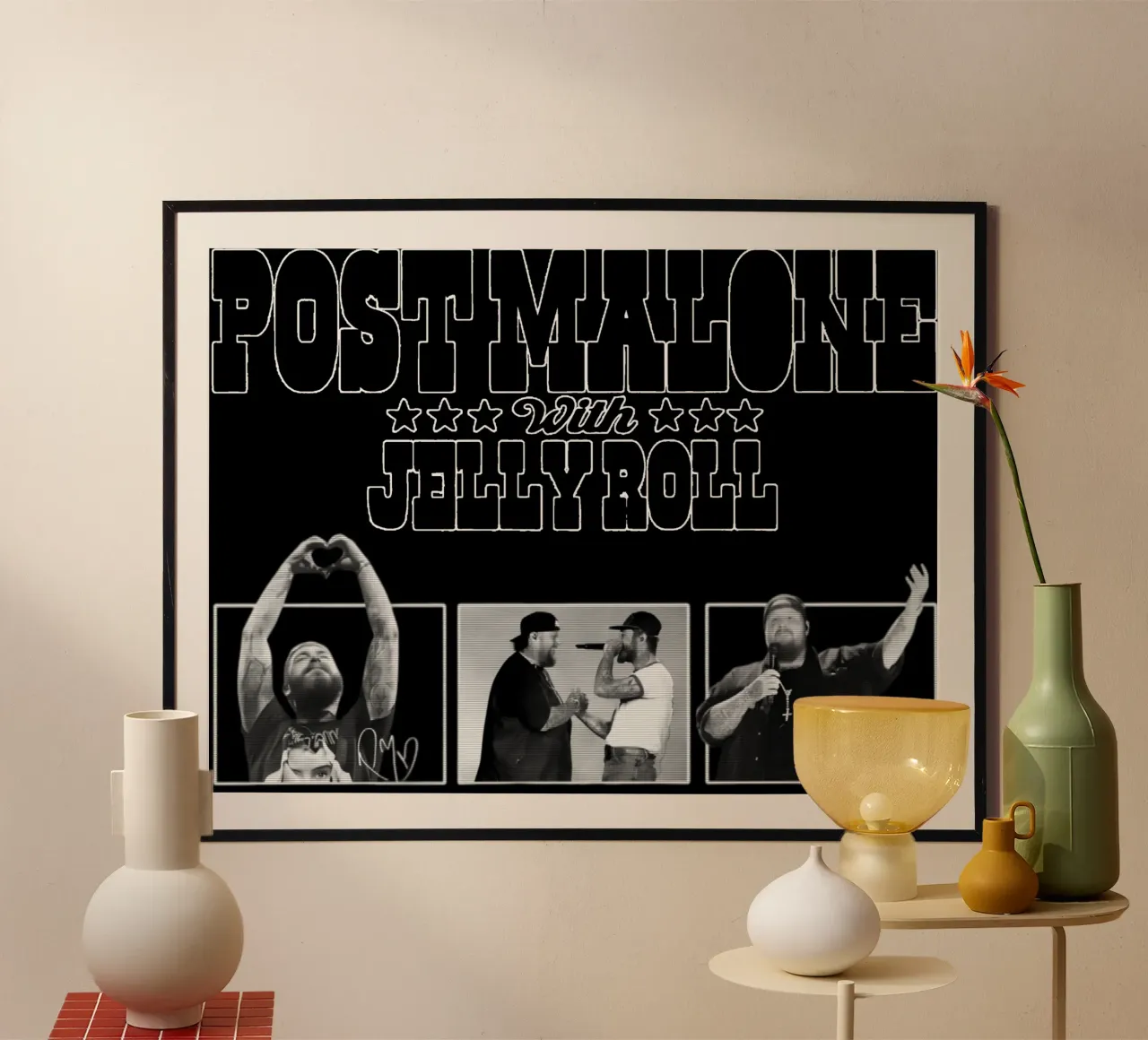 Maglietta essenziale Post Malone & Jelly Roll poster con telaio in legno da igoshdesigns
