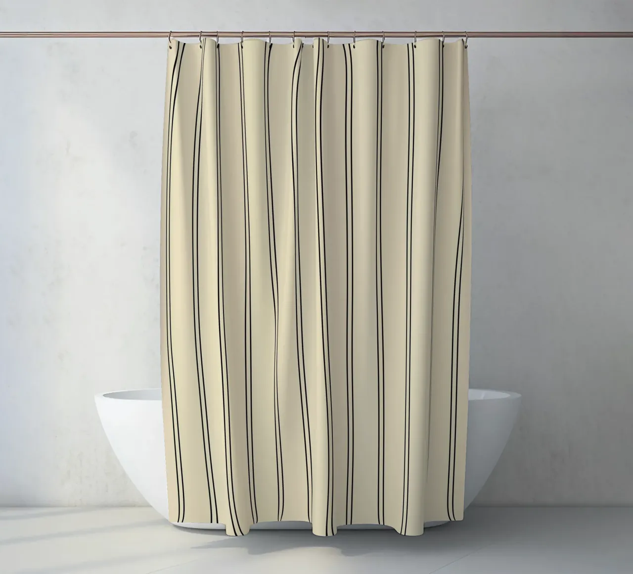 Minimal Basic Classic a doppie strisce nero su beige tenda da doccia da Beauty in Simplicity
