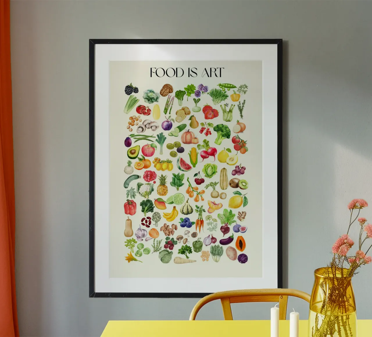 Food is Art – Das große Obst- & Gemüse-Wimmelbild poster con telaio in legno da Grünkraftwerk