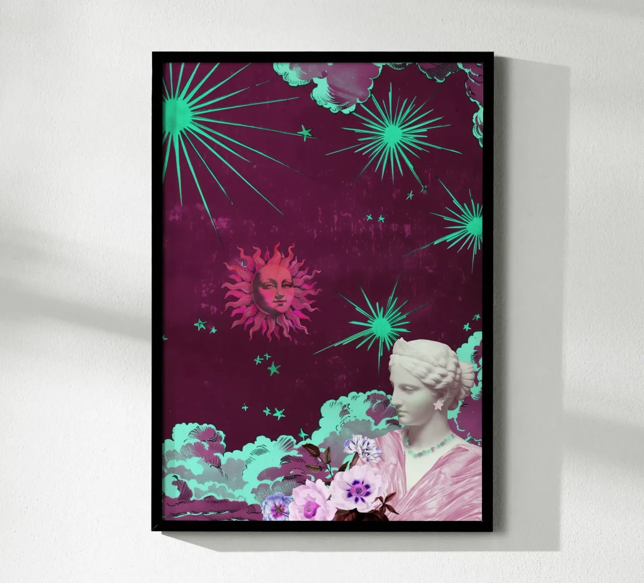 Purple Celestial Maximalist Art poster con telaio in legno da GraceDigitalArtCo