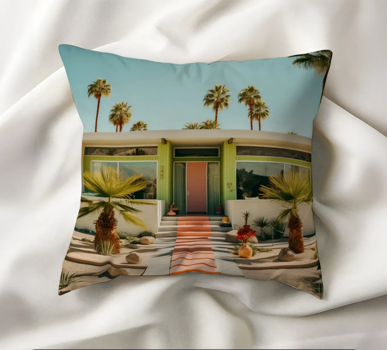Retro House With Palm Trees cuscino da robertmotoiart