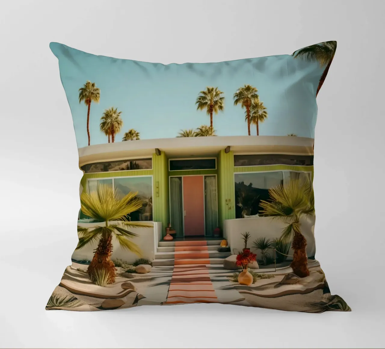 Retro House With Palm Trees cuscino da robertmotoiart