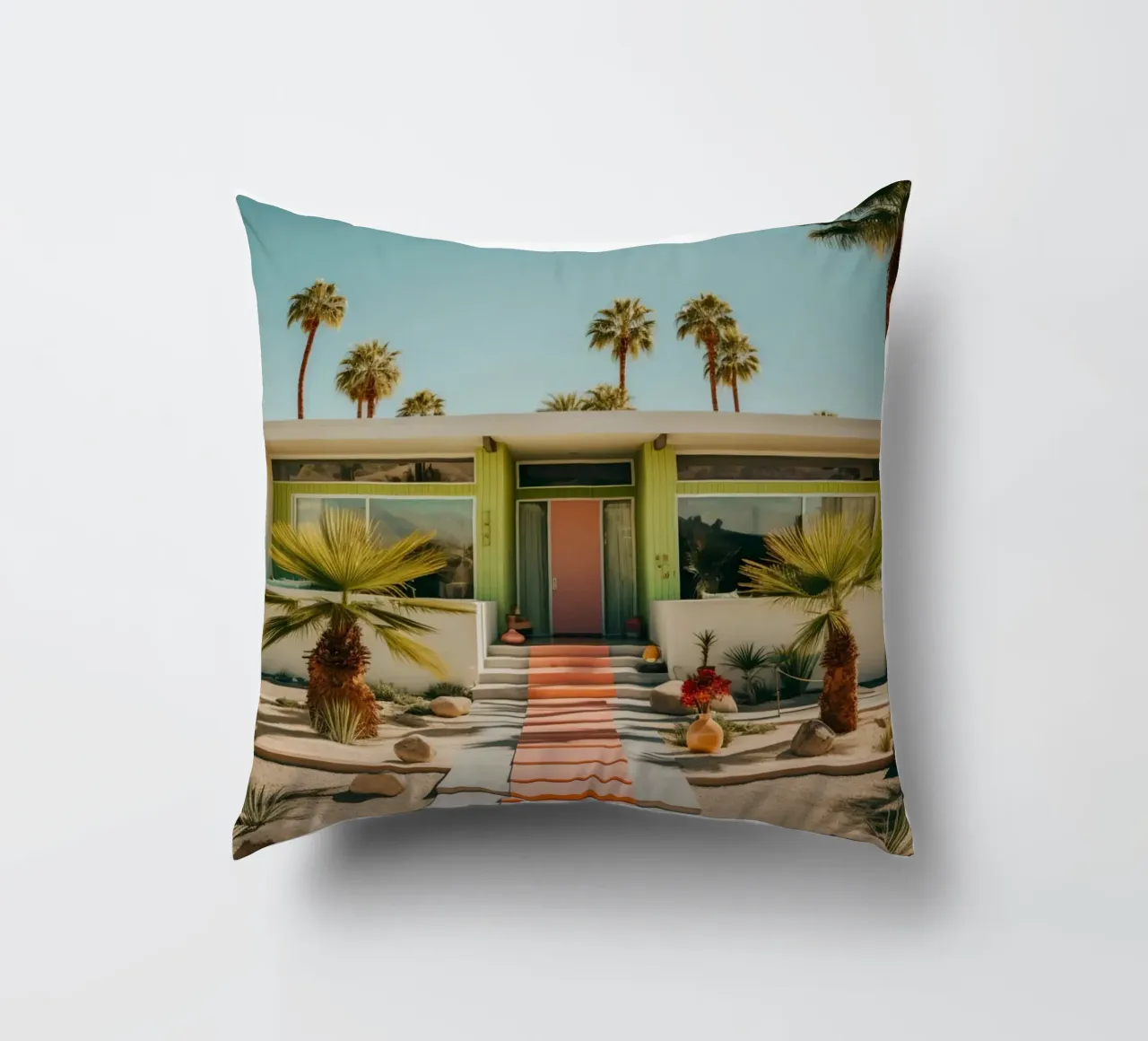 Retro House With Palm Trees cuscino da robertmotoiart