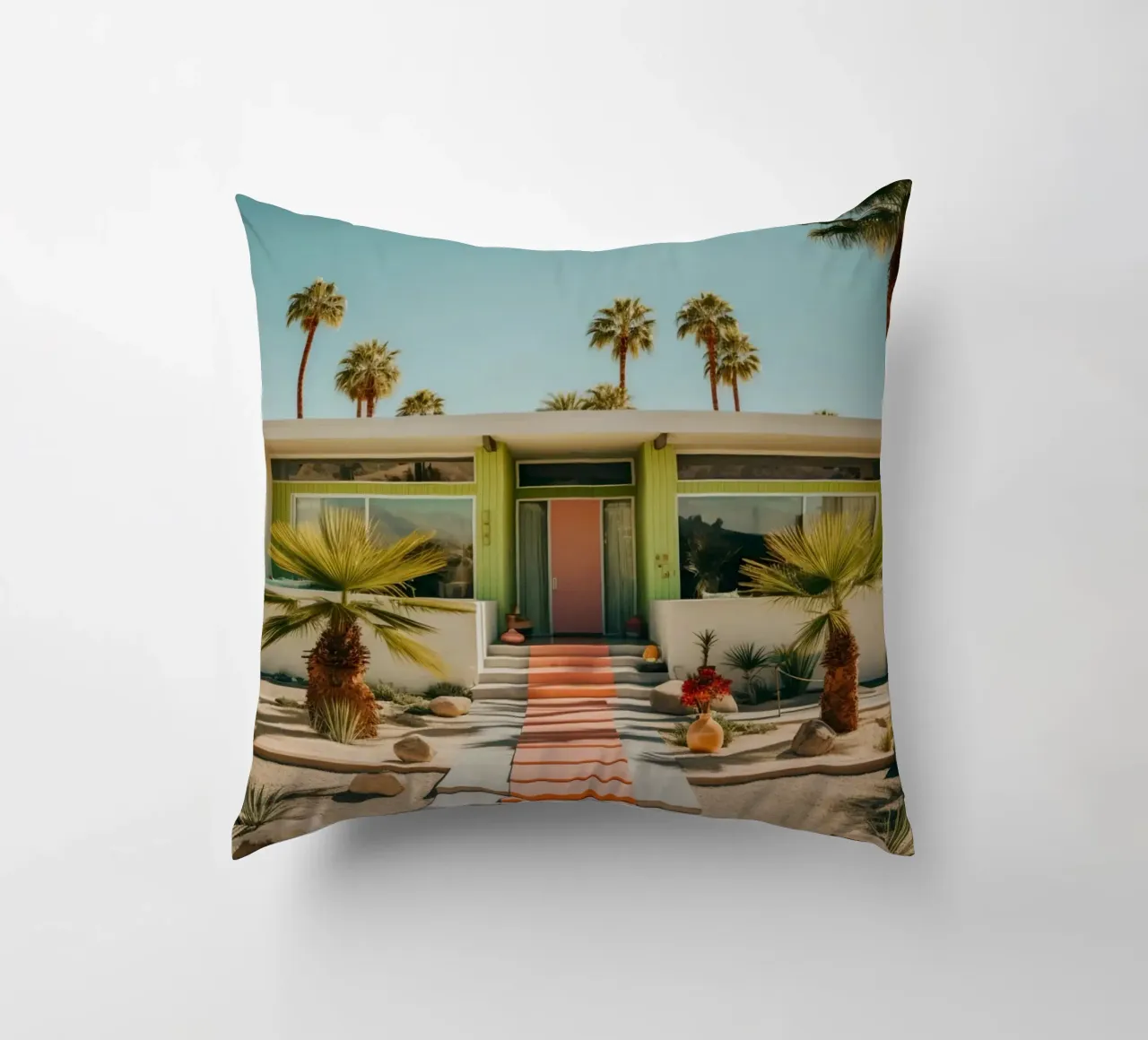 Retro House With Palm Trees cuscino da robertmotoiart