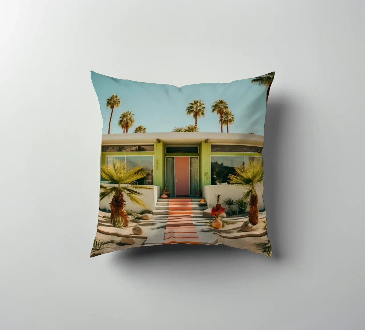 Retro House With Palm Trees cuscino da robertmotoiart