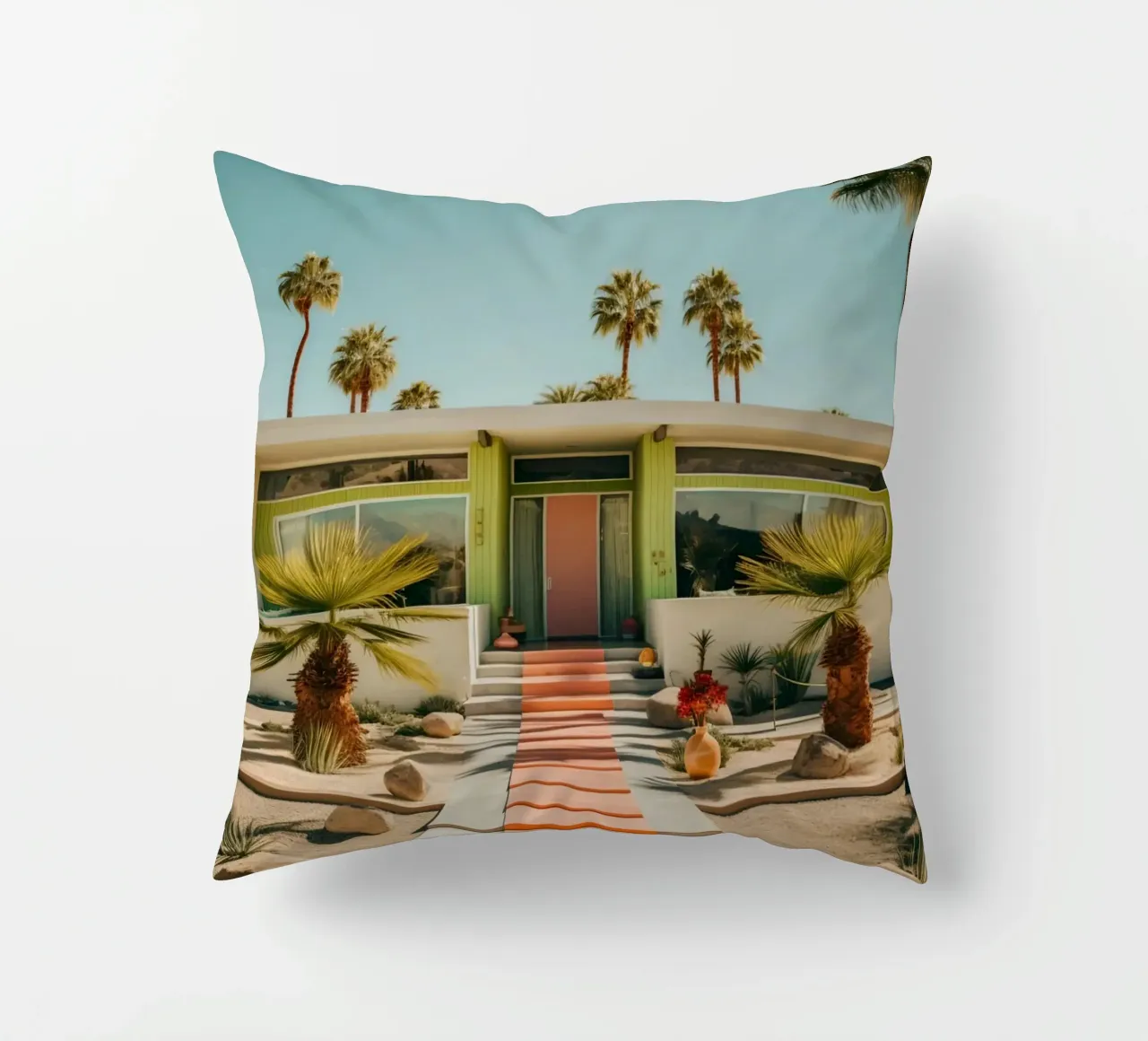 Retro House With Palm Trees cuscino da robertmotoiart