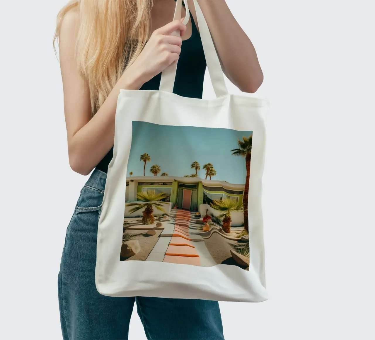 Retro House With Palm Trees borsa in juta da robertmotoiart