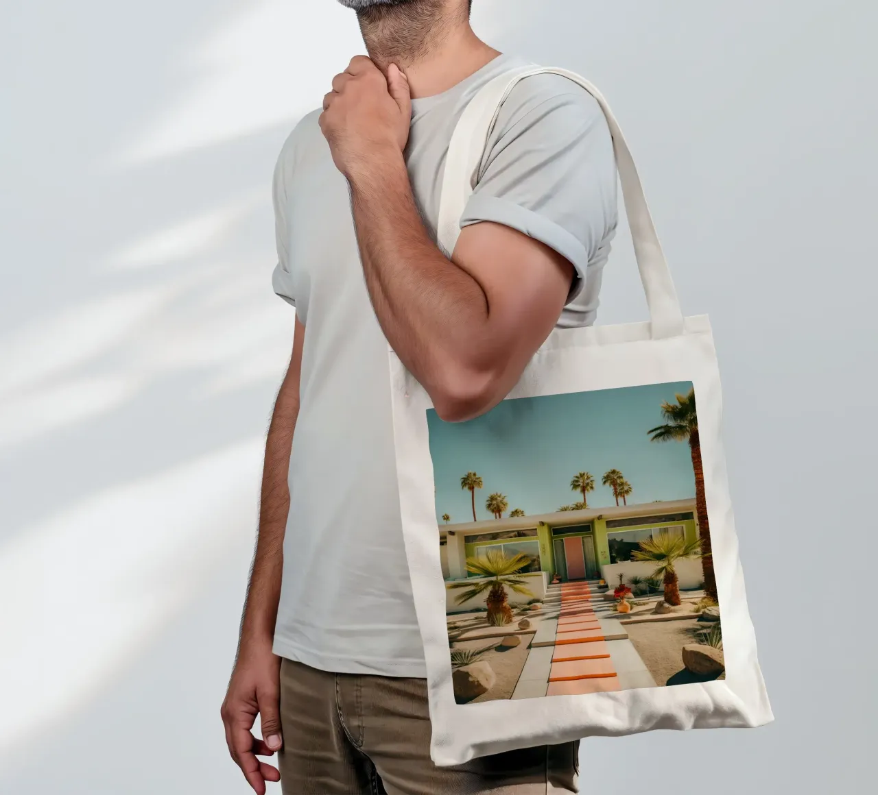 Retro House With Palm Trees borsa in juta da robertmotoiart