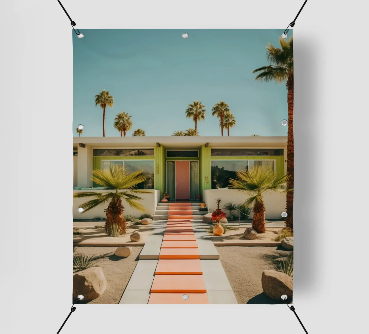 Retro House With Palm Trees telo in pvc da robertmotoiart