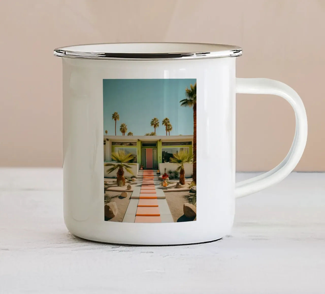 Retro House With Palm Trees enamel mug by robertmotoiart