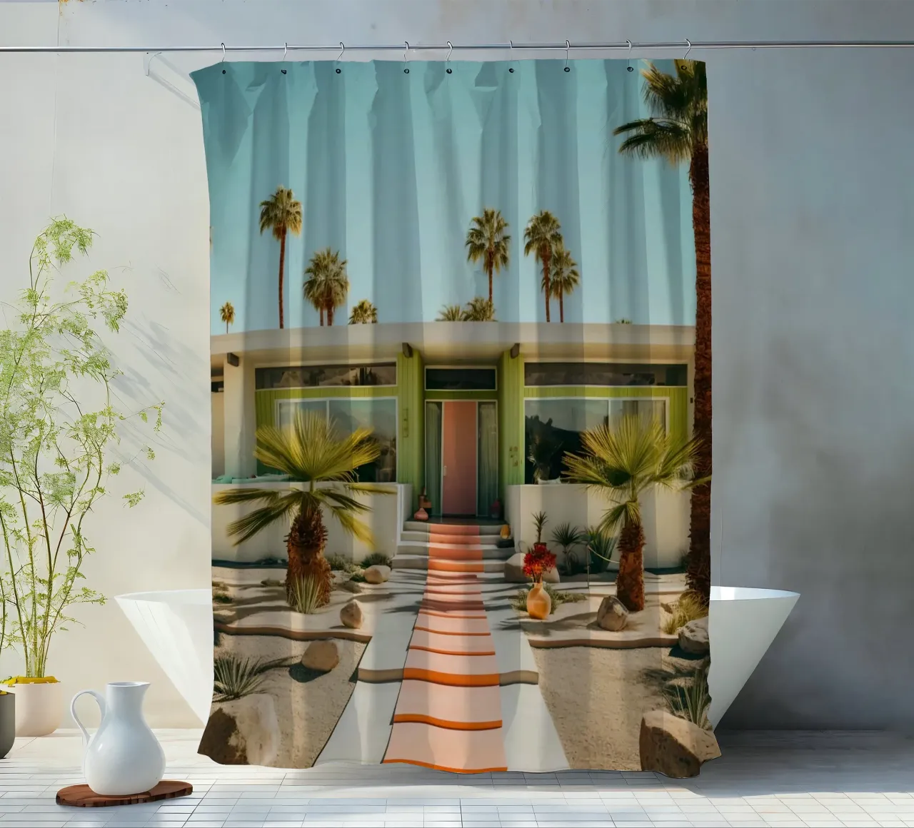 Retro House With Palm Trees tenda da doccia da robertmotoiart