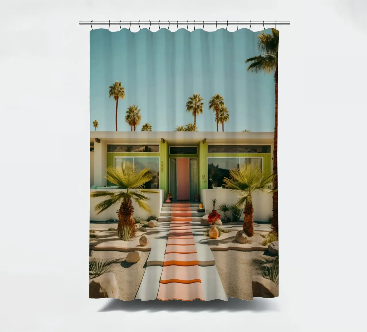 Retro House With Palm Trees tenda da doccia da robertmotoiart