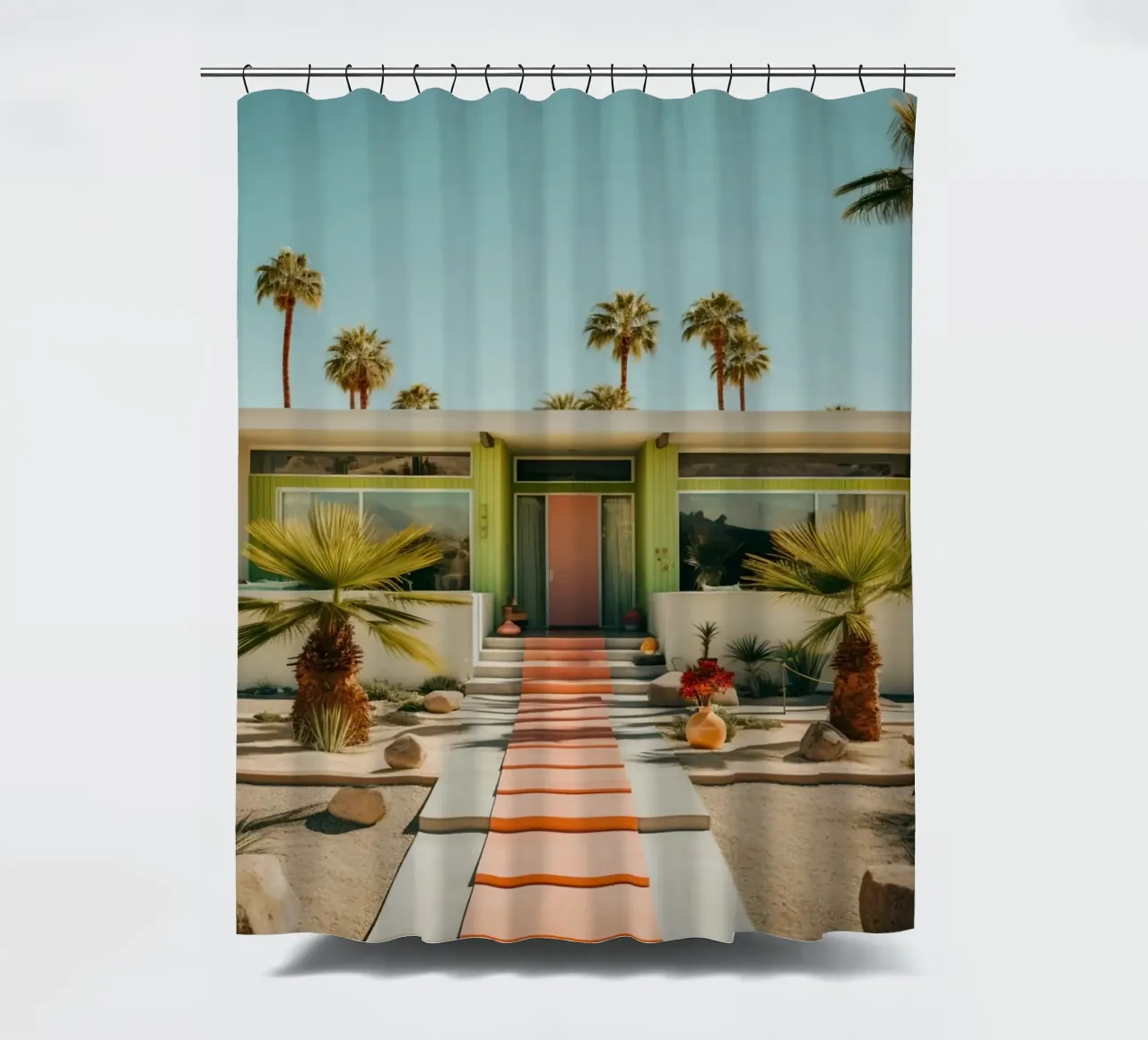 Retro House With Palm Trees tenda da doccia da robertmotoiart