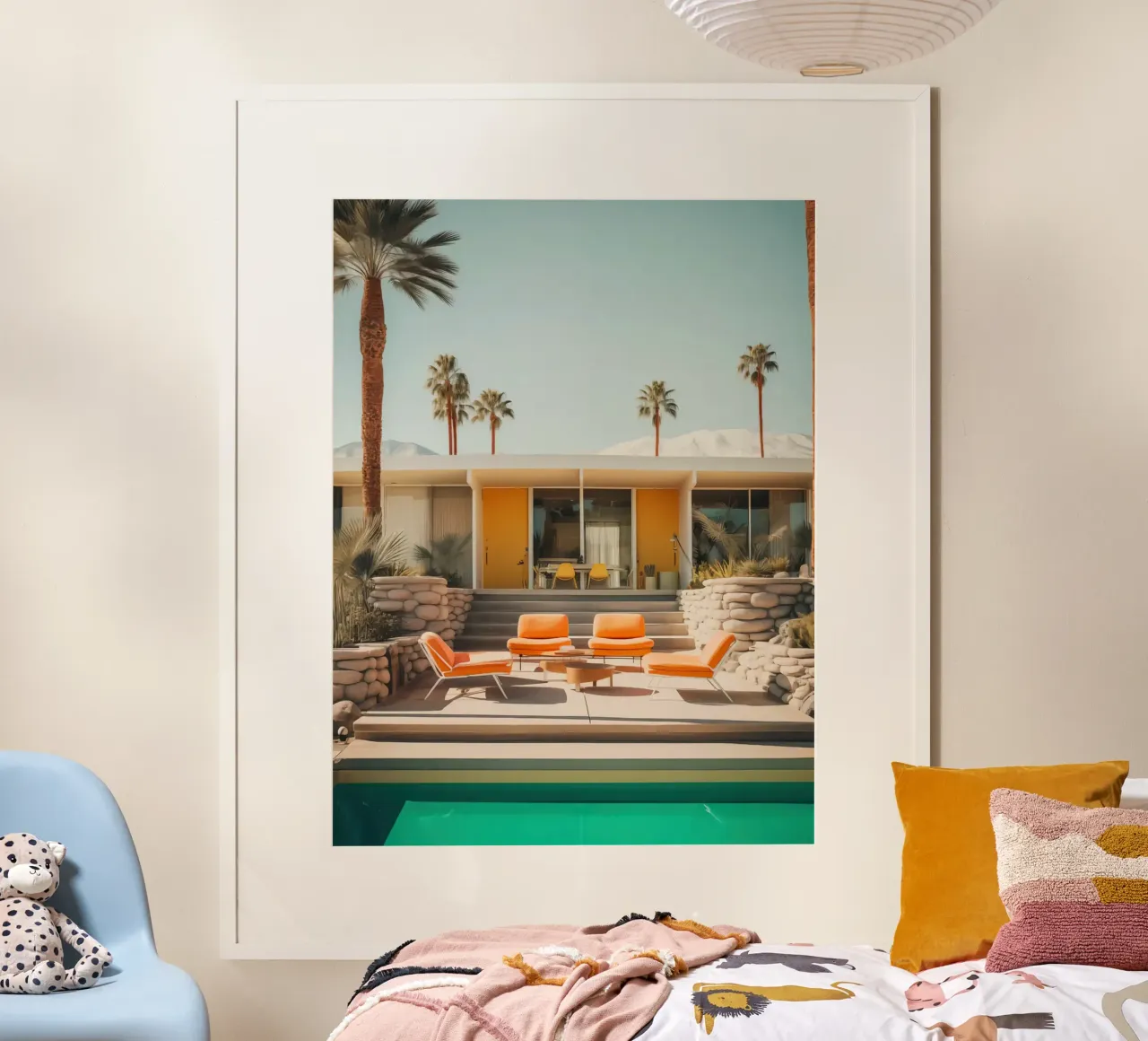 Orange House Palm Trees poster con telaio in alluminio da lennytravers