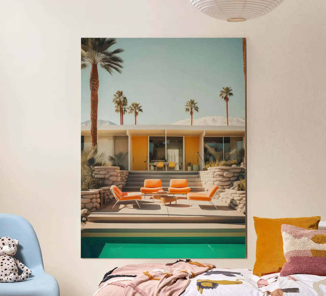 Orange House Palm Trees poster con telaio in alluminio da lennytravers