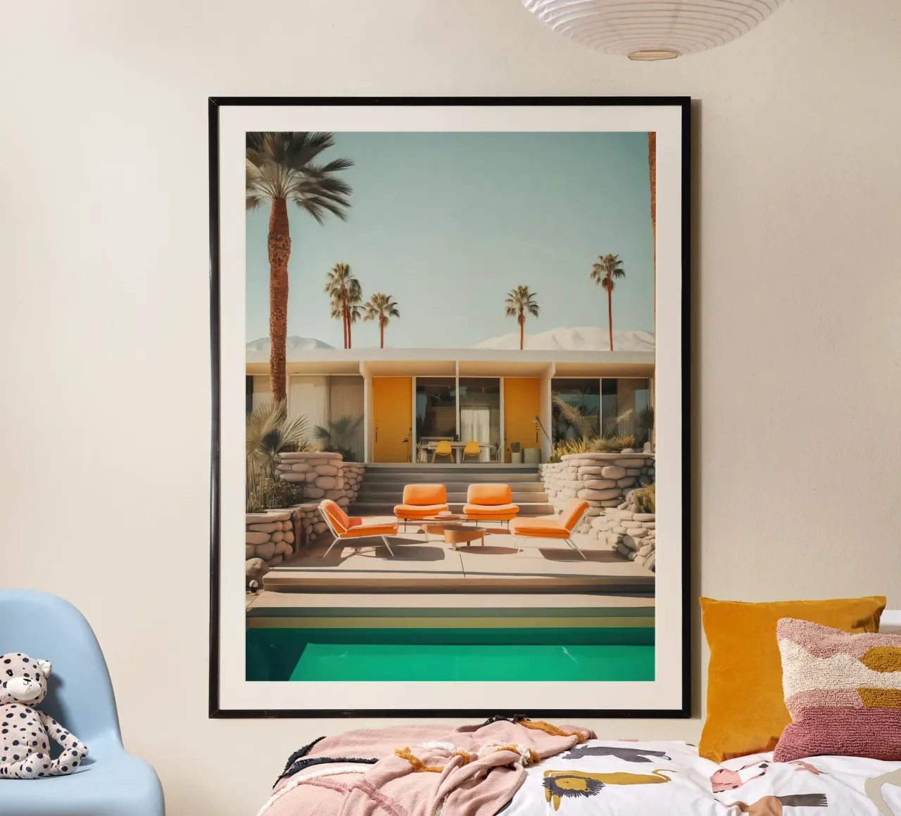 Orange House Palm Trees poster con telaio in alluminio da lennytravers