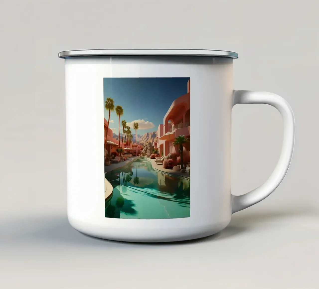 Mountain View In The Pool enamel mug by lennytravers
