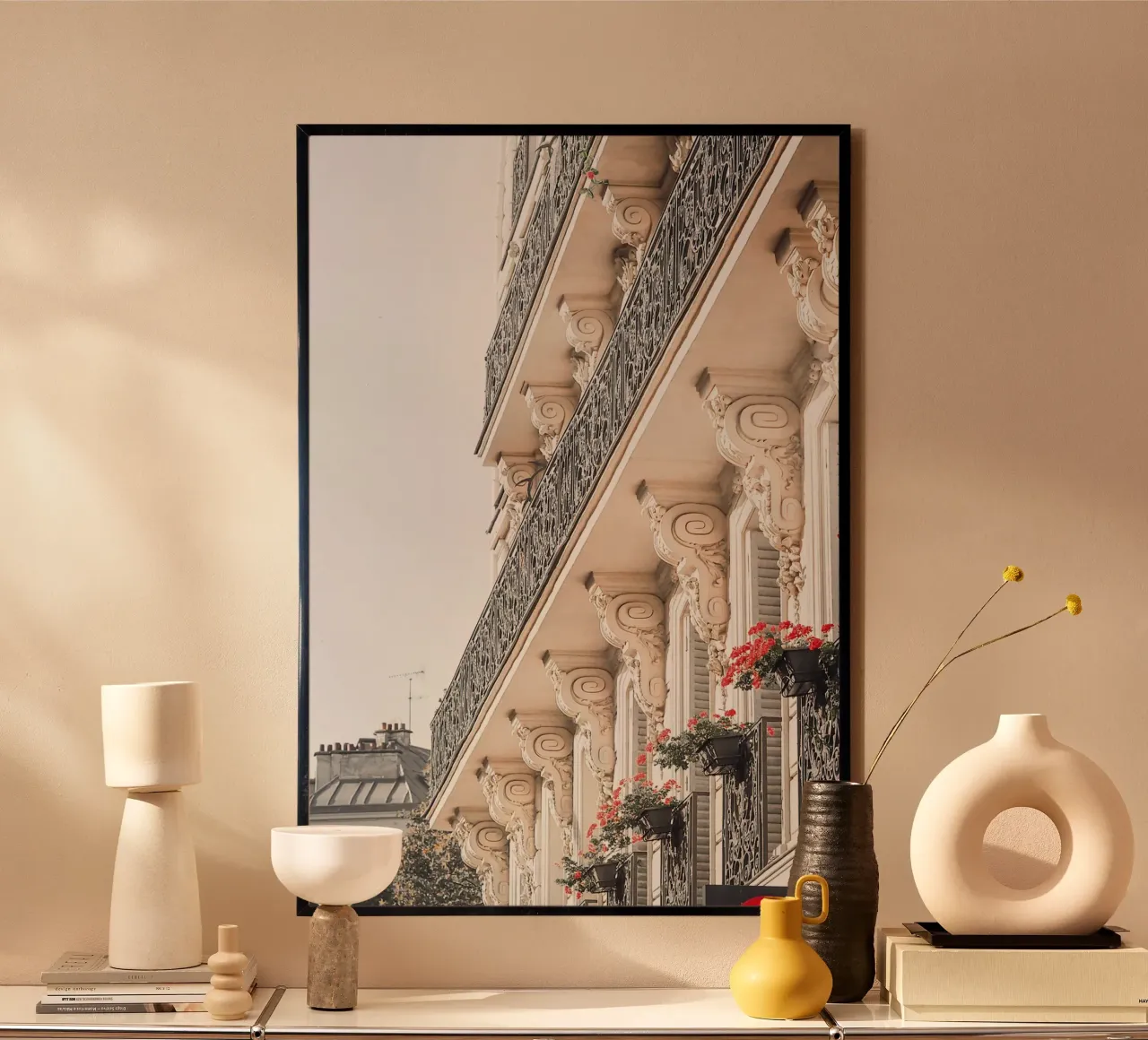 Red flowers on Paris balcony poster con telaio in plastica da GraceDigitalArtCo