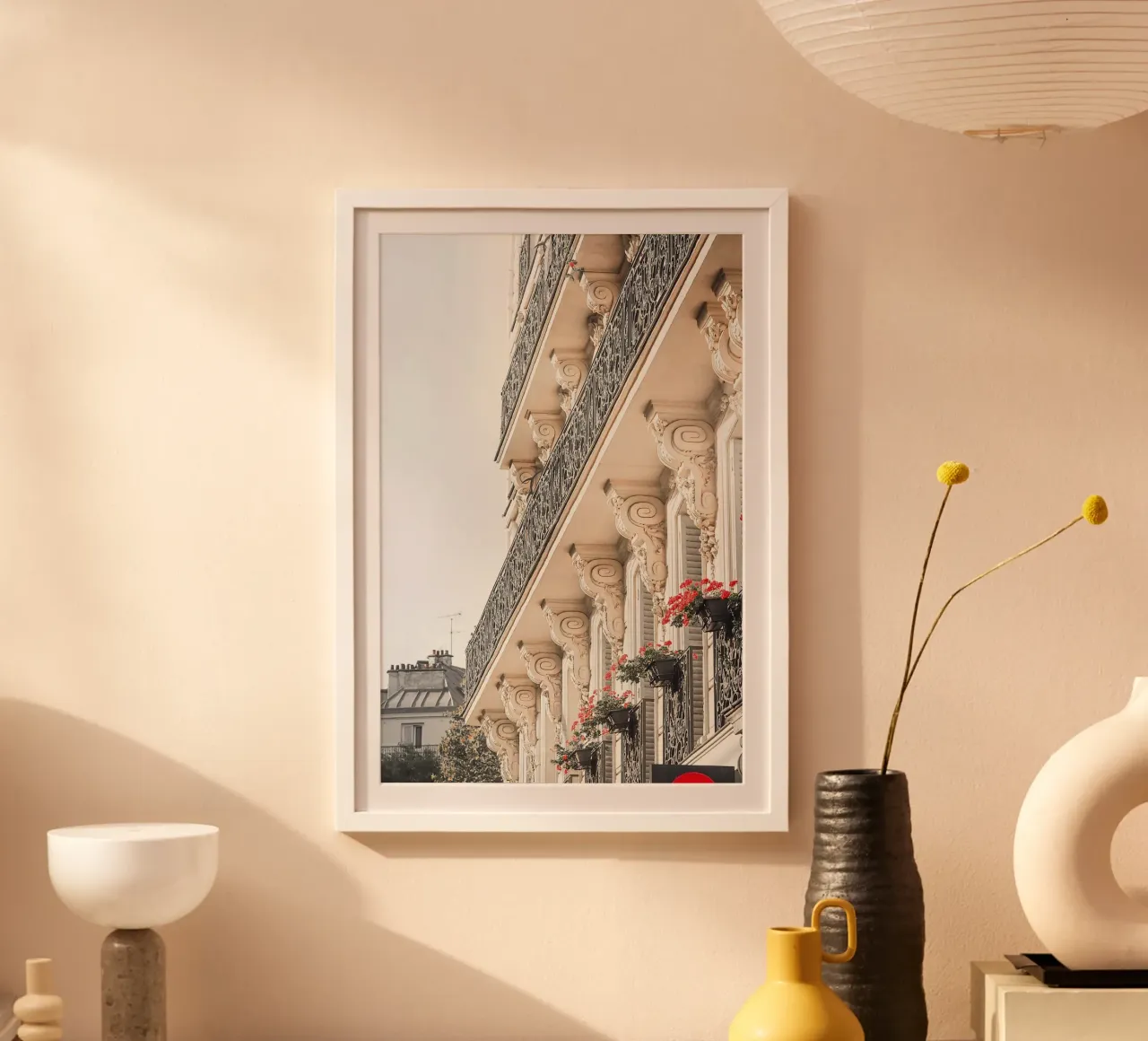 Red flowers on Paris balcony poster con telaio in plastica da GraceDigitalArtCo