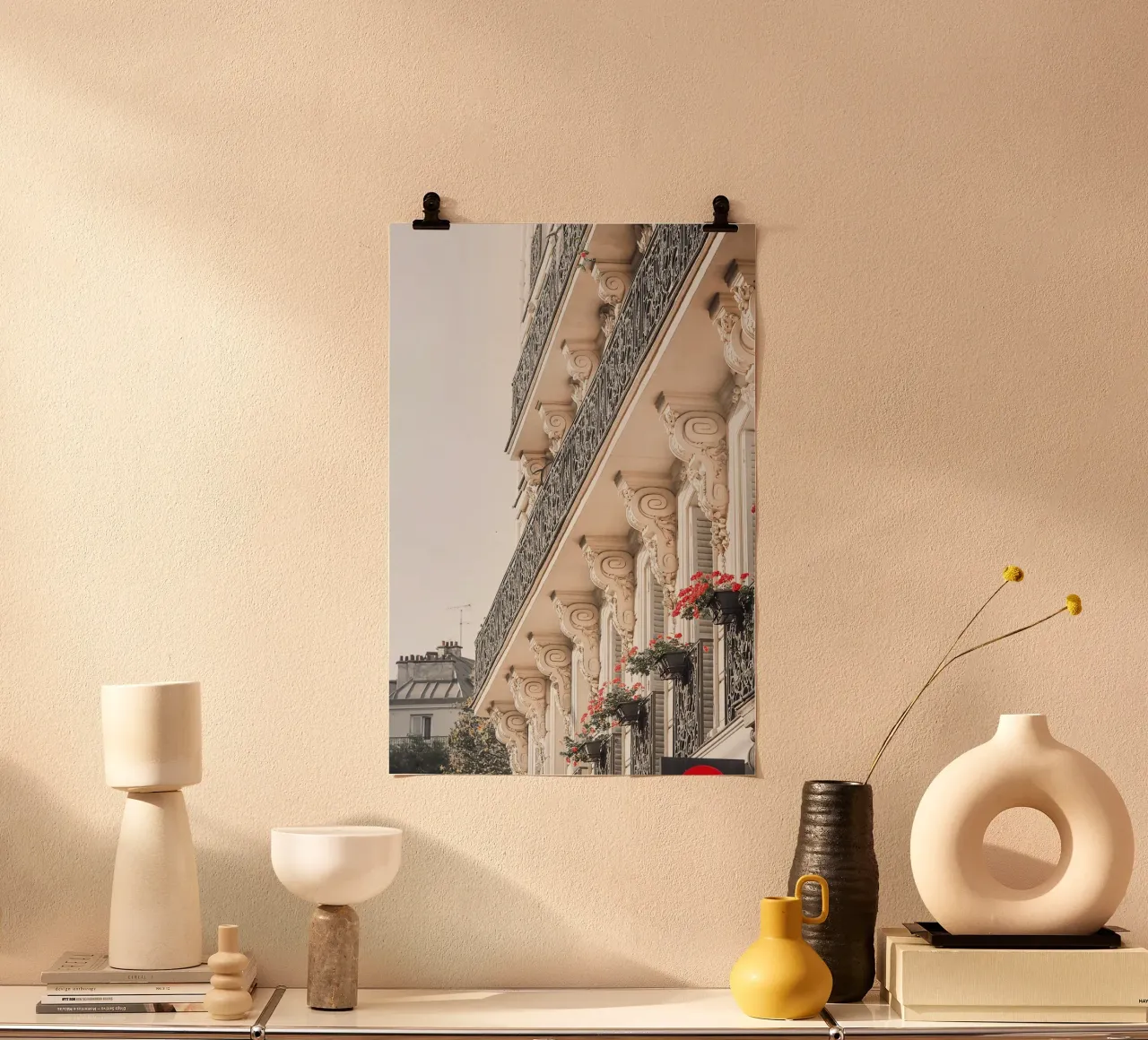 Red flowers on Paris balcony poster con telaio in plastica da GraceDigitalArtCo