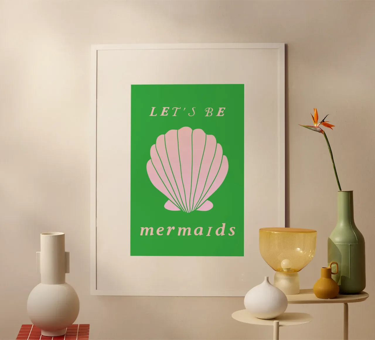 Pink and Green Mermaids poster con telaio in plastica da GraceDigitalArtCo