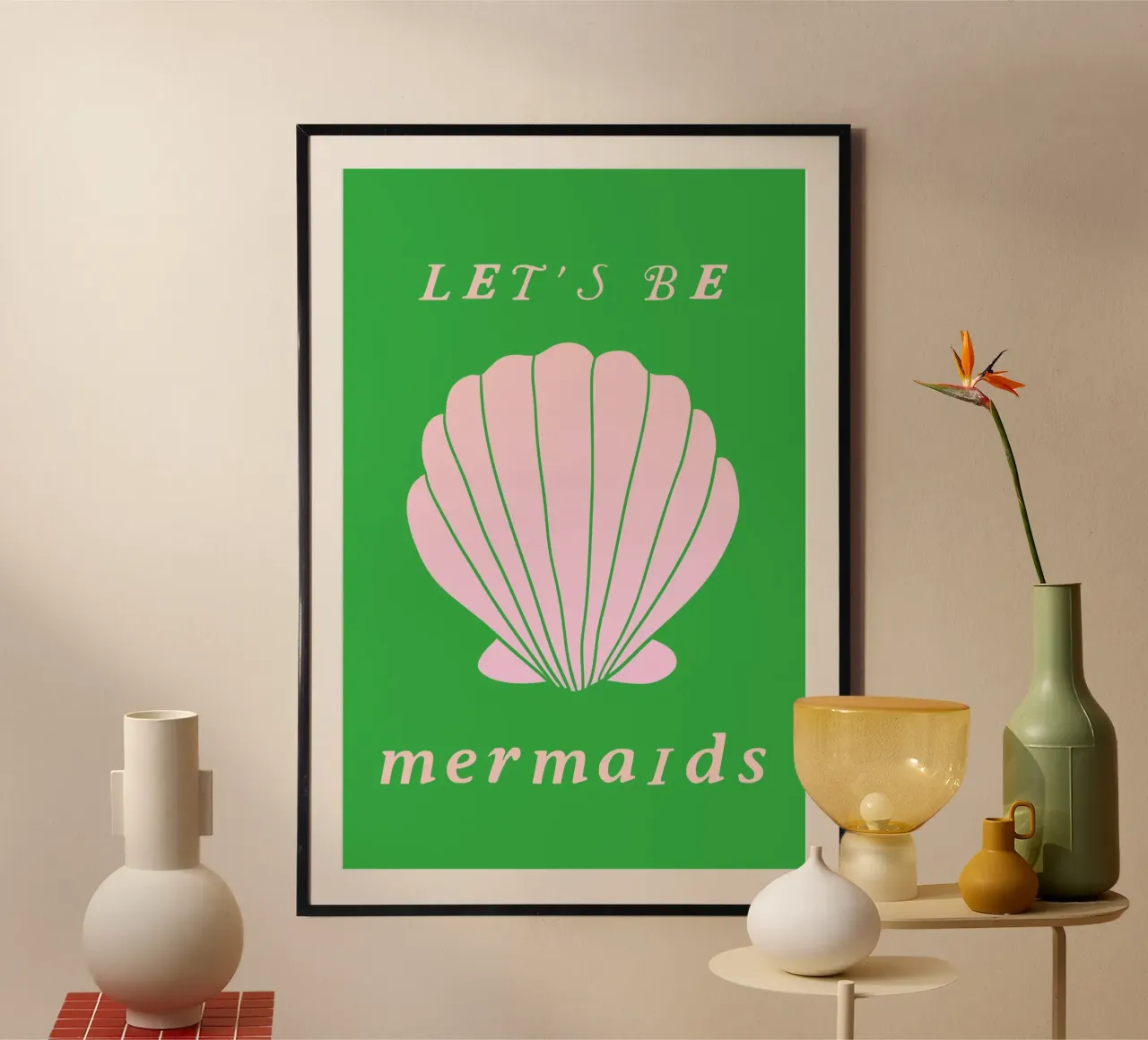 Pink and Green Mermaids poster con telaio in plastica da GraceDigitalArtCo