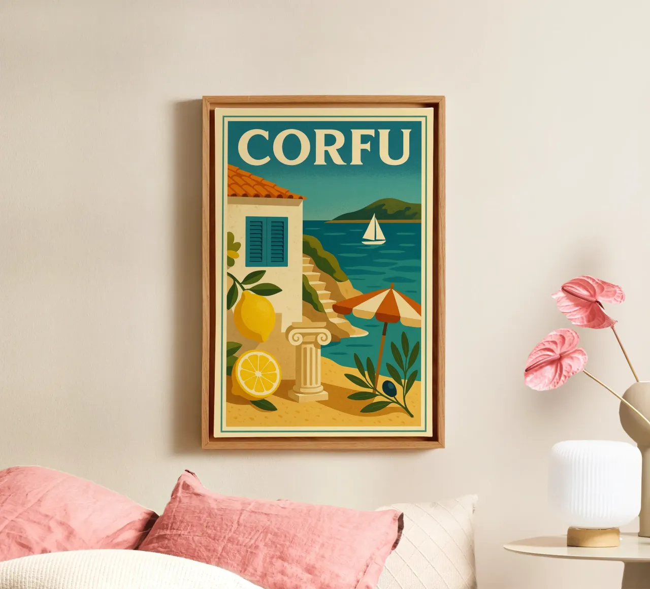 Korfu, Geschmäcker und Landschaften der griechischen Insel Leinwand mit Schattenfugenrahmen von JETLAG | affiches voyage