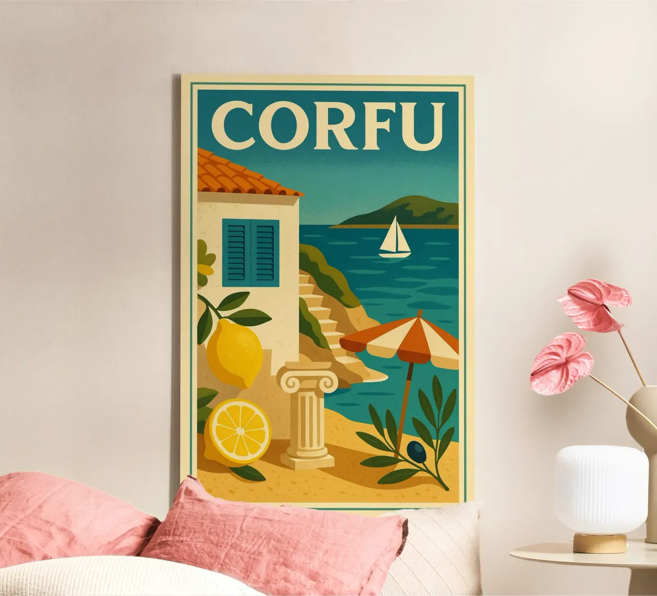 Korfu, Geschmäcker und Landschaften der griechischen Insel Leinwand mit Schattenfugenrahmen von JETLAG | affiches voyage
