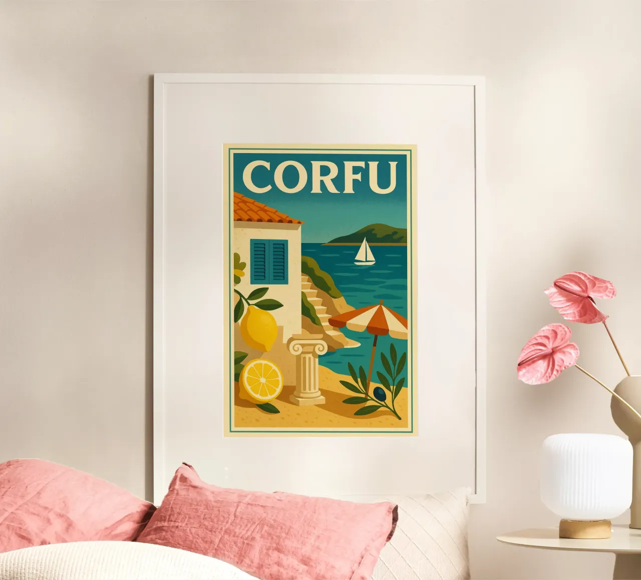 Corfù, sapori e paesaggi dell'isola greca poster con telaio in plastica da JETLAG | affiches voyage