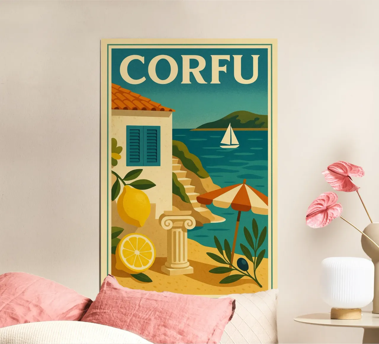 Corfù, sapori e paesaggi dell'isola greca poster con telaio in plastica da JETLAG | affiches voyage
