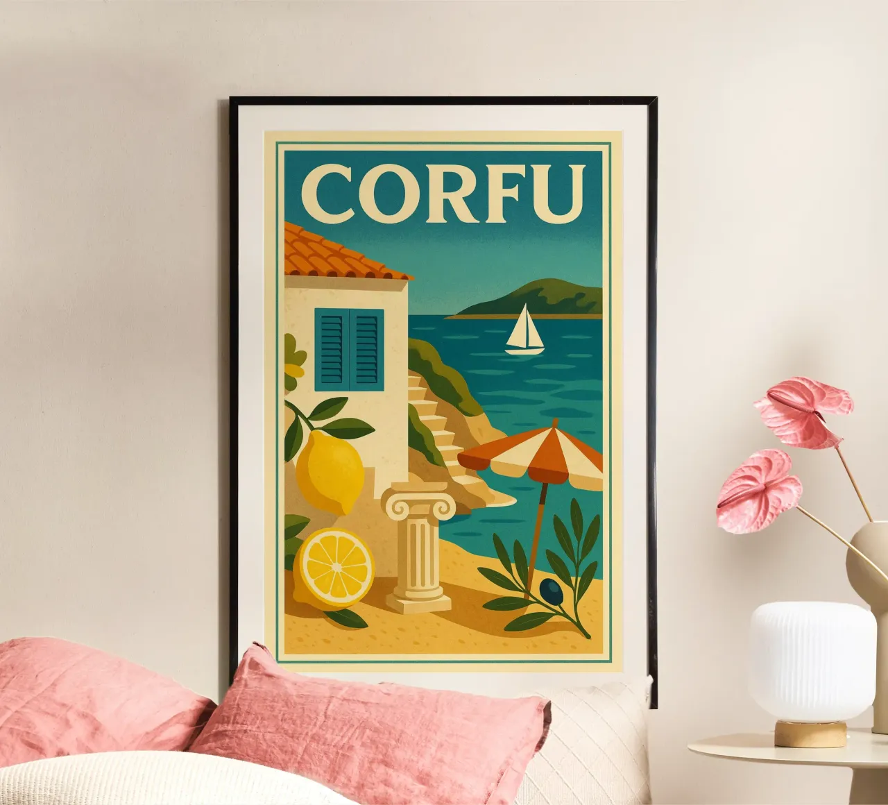 Corfù, sapori e paesaggi dell'isola greca poster con telaio in plastica da JETLAG | affiches voyage