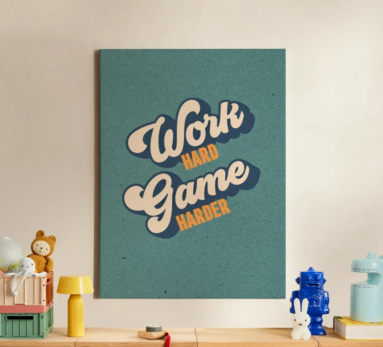 Work Hard, Game Harder • Bold motivational typography canvas with Floater frame by Dominique Vari Words