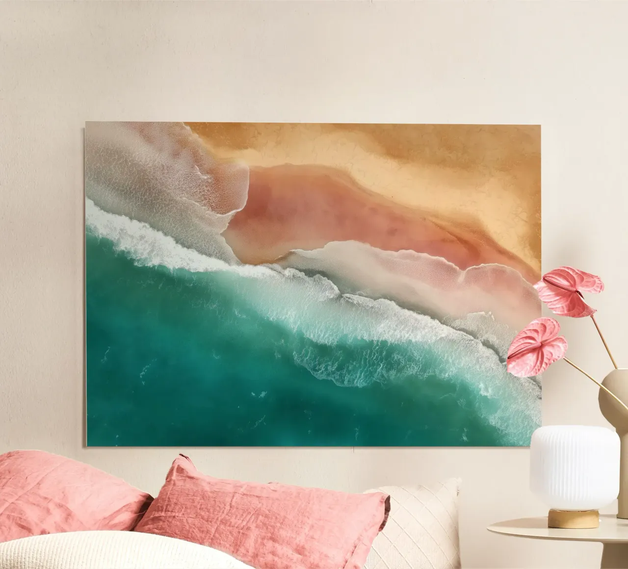 Turquoise Ocean & Peach Sand Wall Art – Modern Coastal Beach poster con telaio in legno da Vela Luna