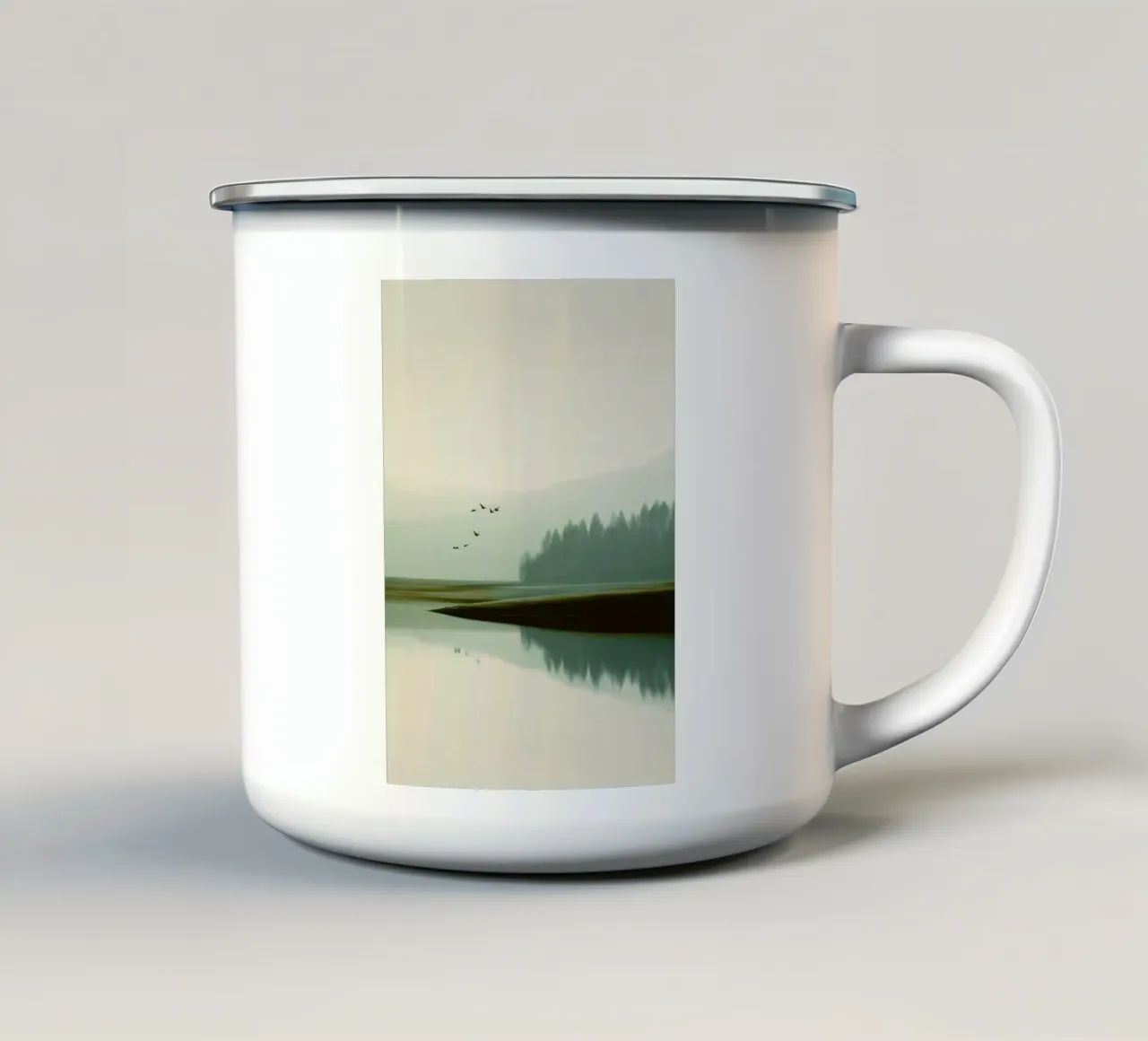 Minimalist Landscape - Birds Over Lake and Misty Forest tazza in smalto da Dune