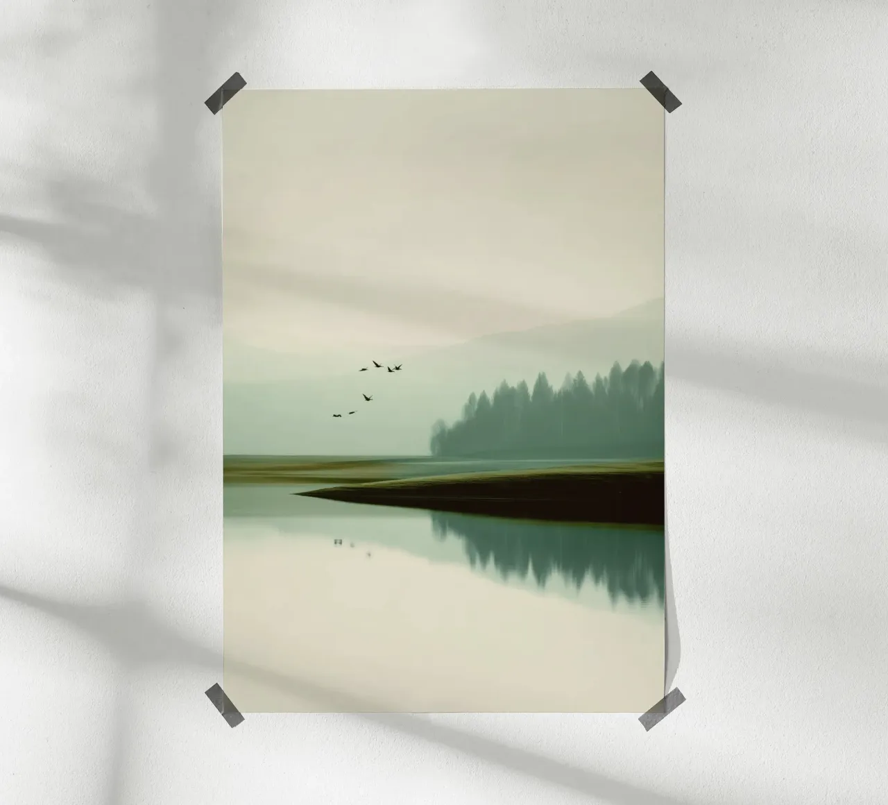 Minimalist Landscape - Birds Over Lake and Misty Forest poster da Dune