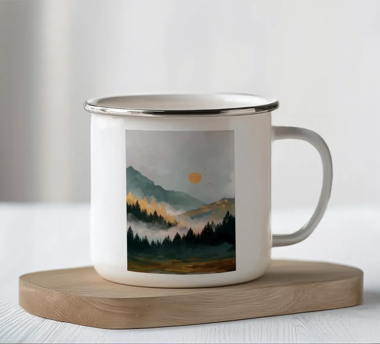 Misty Forest Landscape - Autumn Trees and Mountain Sunset tazza in smalto da Dune