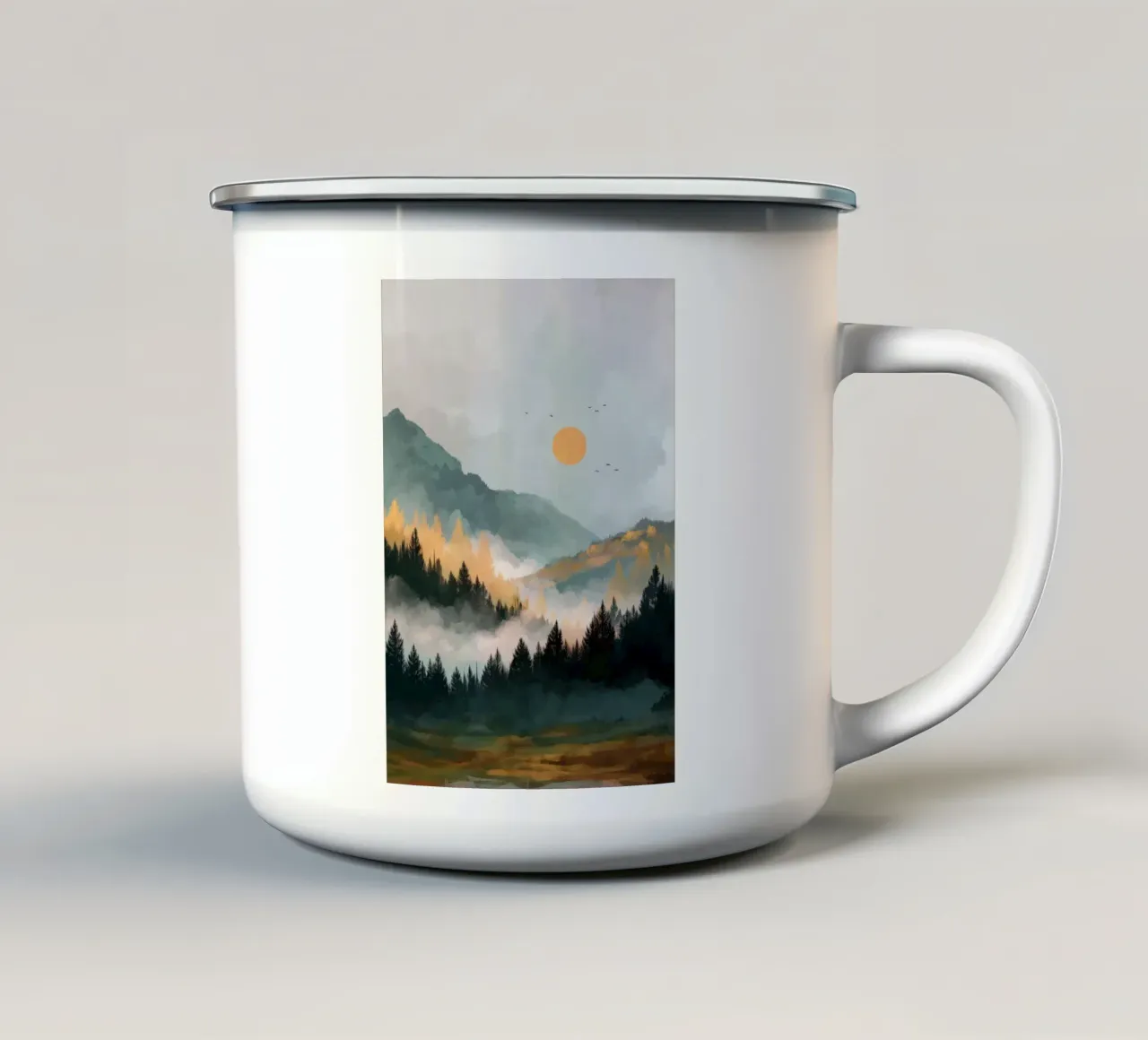Misty Forest Landscape - Autumn Trees and Mountain Sunset tazza in smalto da Dune