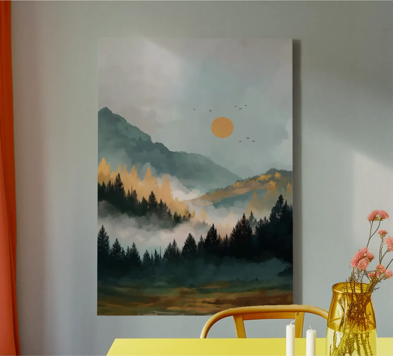 Misty Forest Landscape - Autumn Trees and Mountain Sunset tela con Cornice a cassetta da Dune