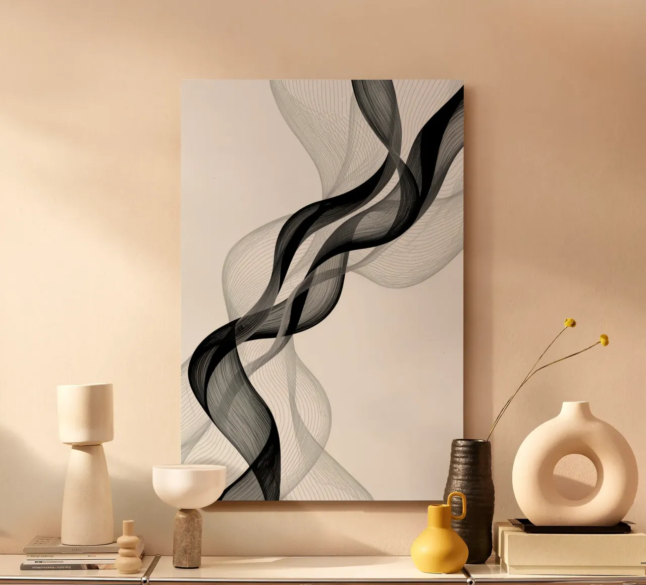 Linee ondulate astratte nero grigio e bianco alluminio dibond da DesignDoodle