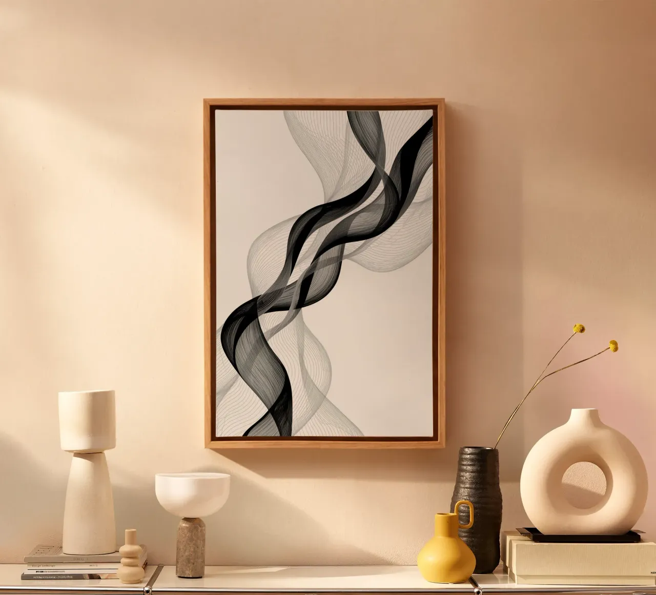 Linee ondulate astratte nero grigio e bianco tela con Cornice a cassetta da DesignDoodle